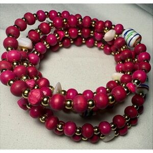 Boho‎ Chic Pink Wood Bead Bracelet Gold Accents Colorful Glass Stone Beads